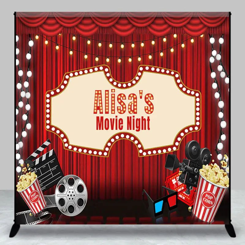 Custom Red Curtain Cinema Movie Night Party Backdrop - Aperturee