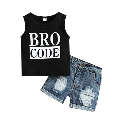 Baby Toddler Boys Summer Outfit Set 3M-3T Round Neck Sleeveless Letter Print Tank Tops with Ripped Denim Shorts Infant Newbor...