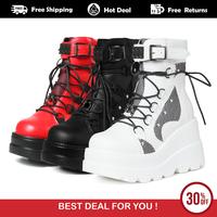 Platform Ankle Boots for Women Chunky High Heel Booties Goth Round Toe Combat Boots Women Lace up Motorcycle Wedges Girl Walk...