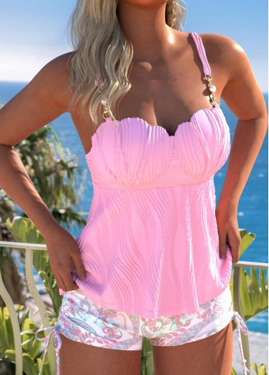 Modlily Button Mid Waisted Paisley Print Pink Tankini Set - XL