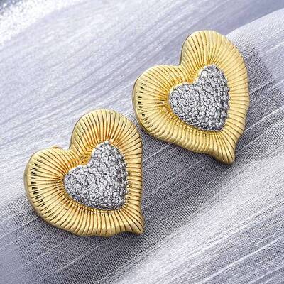 Heart Brass Micro Pave Clear Cubic Zirconia Stud Earrings