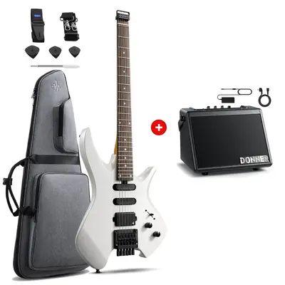 Donner HLX-500 Headless Electric Guitar - White / Guitar+Amplifer