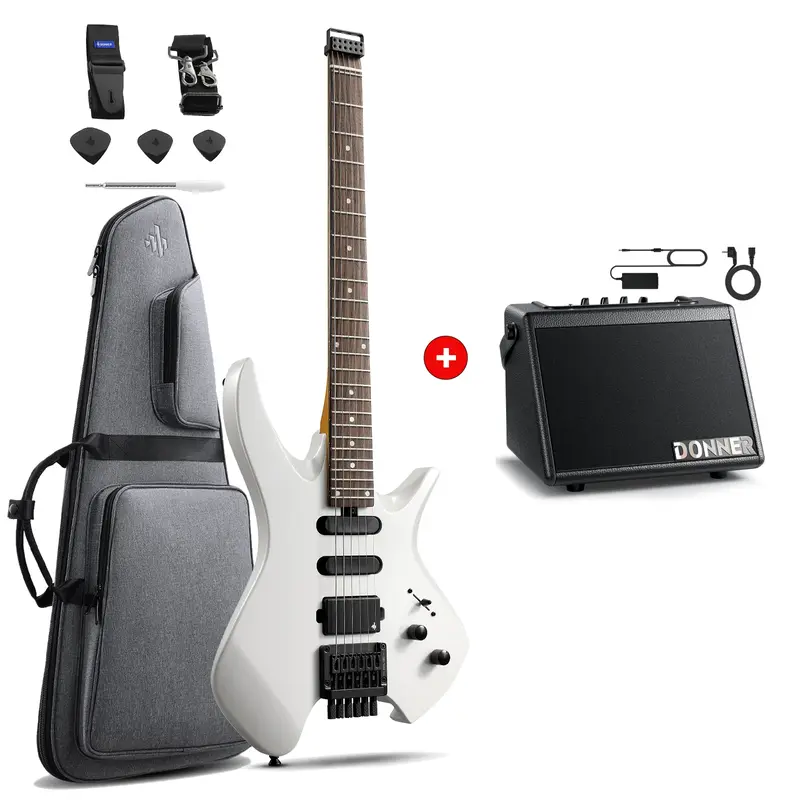 Donner HLX-500 Headless Electric Guitar - White / Guitar+Amplifer