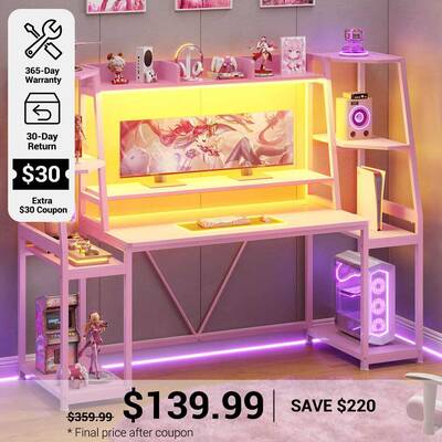 SEDETA | 65.7 Inch LED Gaming Desk Workstation with Storage Shelves for PC Gamers Pink Home Office Furniture