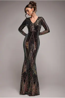 Goddiva Two Toned V Neck Sequin Maxi - Black