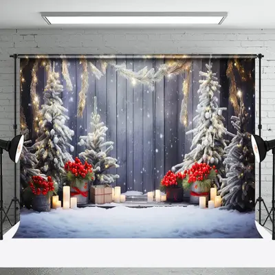Aperturee Snowy Scene Candle Light Winter Wonderland Backdrop