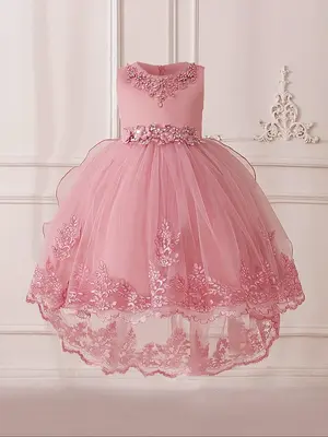 Toddler Girl's Rhinestone Appliques Tiered Layer Bow Back Tulle Dress, Elegant Sleeveless Round Neck Midi Dress for Party Wed...