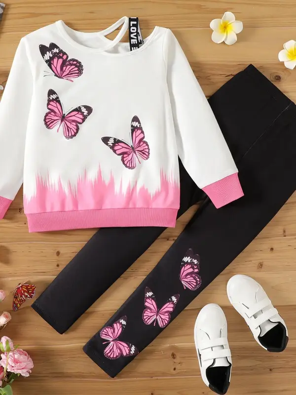 Girl's 2pcs Butterfly Print Asymmetrical Neck Sweatshirt & Skinny Pants Set, Casual Long Sleeve Contrast Binding Pullover & P...