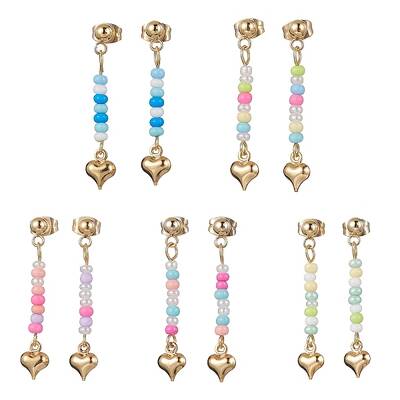 5 Pairs 5 Colors Golden 304 Stainless Steel Heart Dangle Stud Earrings