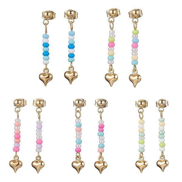 5 Pairs 5 Colors Golden 304 Stainless Steel Heart Dangle Stud Earrings