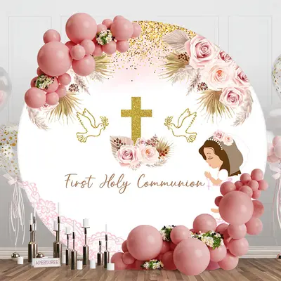 Round Boho Floral Holy Communion Baptism Backdrop - Aperturee