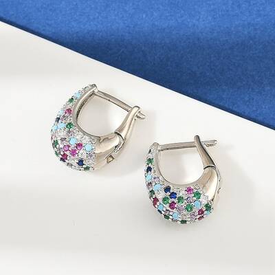 Oval Brass Micro Pave Colorful Cubic Zirconia Hoop Earrings
