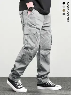 Men's Loose Solid Pocket Drawstring Waist Cargo Pants, Casual Street Straight Leg Trousers for Outdoor Hiking Fishing, Woven ...