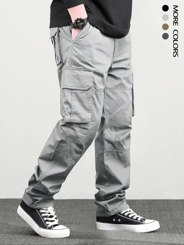 Men's Loose Solid Pocket Drawstring Waist Cargo Pants, Casual Street Straight Leg Trousers for Outdoor Hiking Fishing, Woven ...