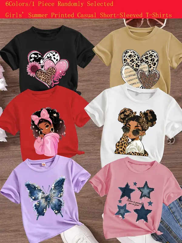 Girls Summer Fashion Leopard Heart Print Short Sleeve T-Shirt, Random Style, Comfortable and Versatile, Perfect Gift for Kids...