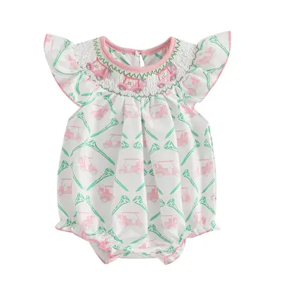 Newborn Baby Girl Summer Outfit Golf Cart Embroidery Smocked Bubble Romper Ruffle Fly Sleeve Onesie Bodysuit Jumpsuit