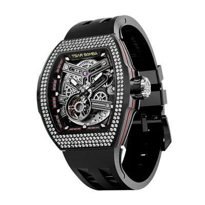 TSAR BOMBA Men's Automatic Skeleton Watch | Interchangeable Luxury Design | Black | Atomic TB8218 | Cubic Zirconia