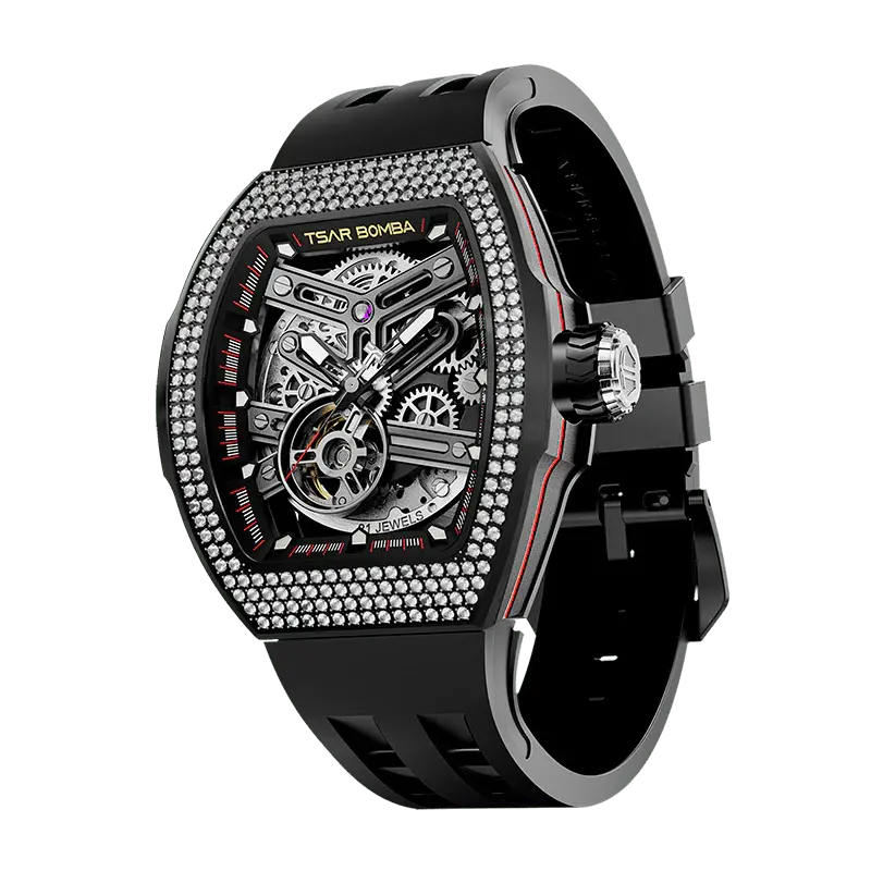 TSAR BOMBA Men's Automatic Skeleton Watch | Interchangeable Luxury Design | Black | Atomic TB8218 | Cubic Zirconia