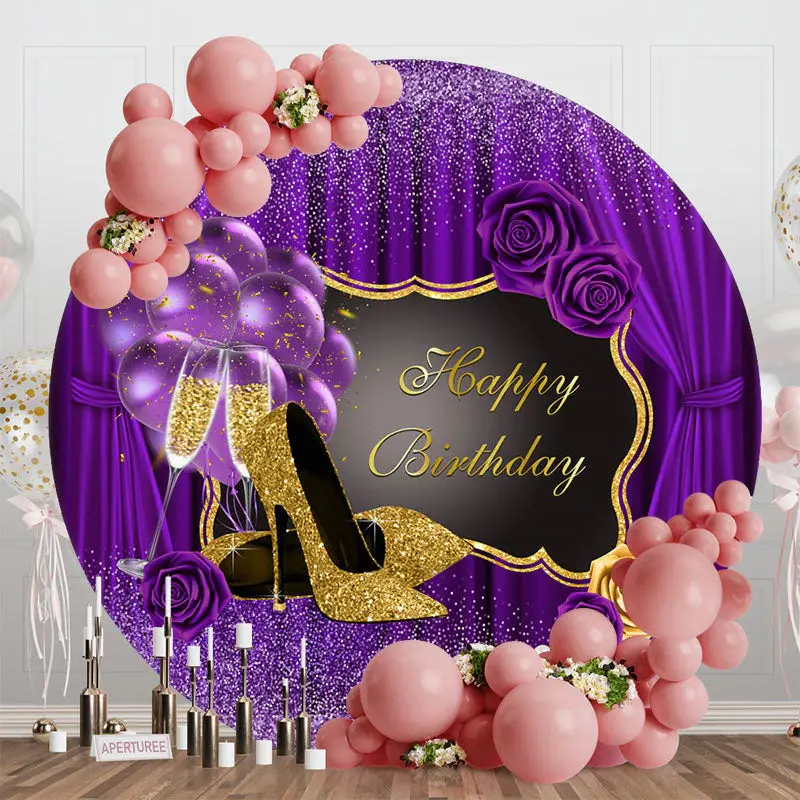 Romantic Purple High Heels Round Birthday Backdrop - Aperturee