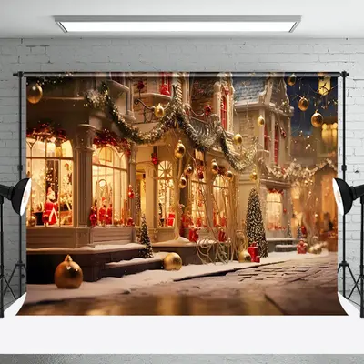 Aperturee Christmas Street Decorated Houses Twilight Backdrop