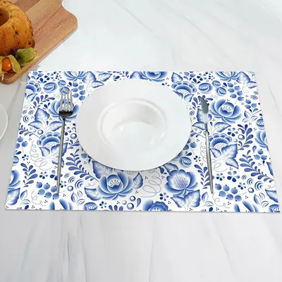 Paisley Blue Floral Leaf Pattern Set Of 4 Placemats - Aperturee