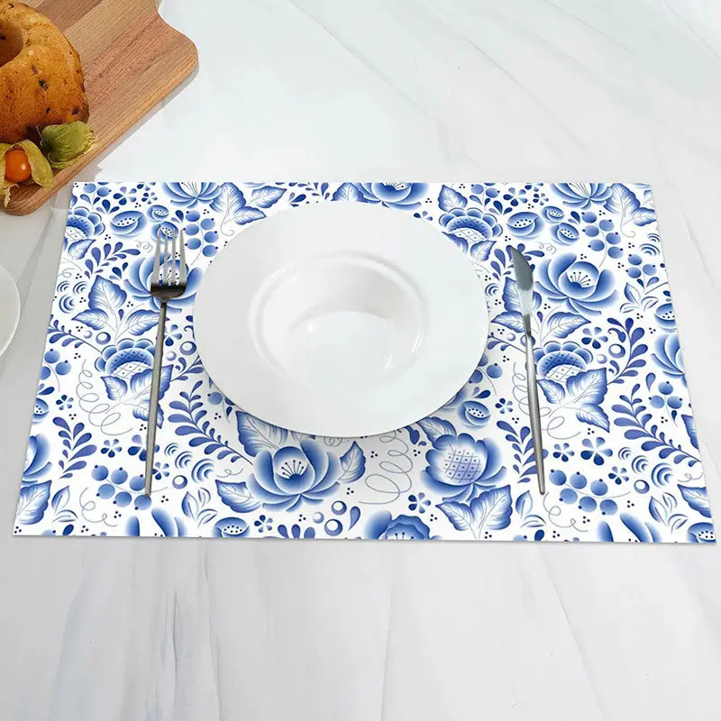 Paisley Blue Floral Leaf Pattern Set Of 4 Placemats - Aperturee