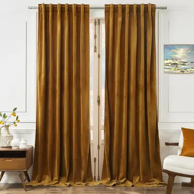 Timeper Velvet Curtains 84 inches - Retro Heavy Gold Blackout Velvet Curtains Drapes with Rod Pocket Back Tab Design Light Bl...