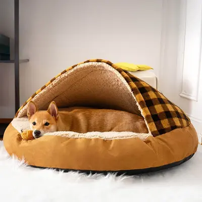 Plush Dog Nest Cat Bed Plush Dog Universal | Color: Brown Plaid | Size: XL