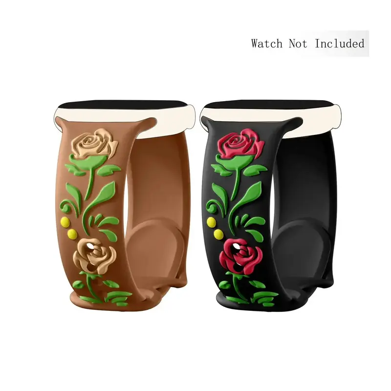 3D Floral Embossed Watch Band for Apple Watch Band Women 38mm to 49mm, 2 Counts Engraved Cute Flower Soft Silicone Watch Ban...