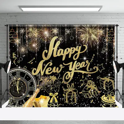 Gold Line Clock Gift Glitter Black New Year Backdrop - Aperturee