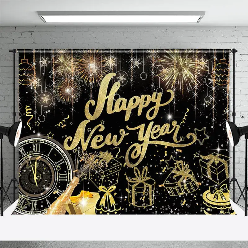 Gold Line Clock Gift Glitter Black New Year Backdrop - Aperturee