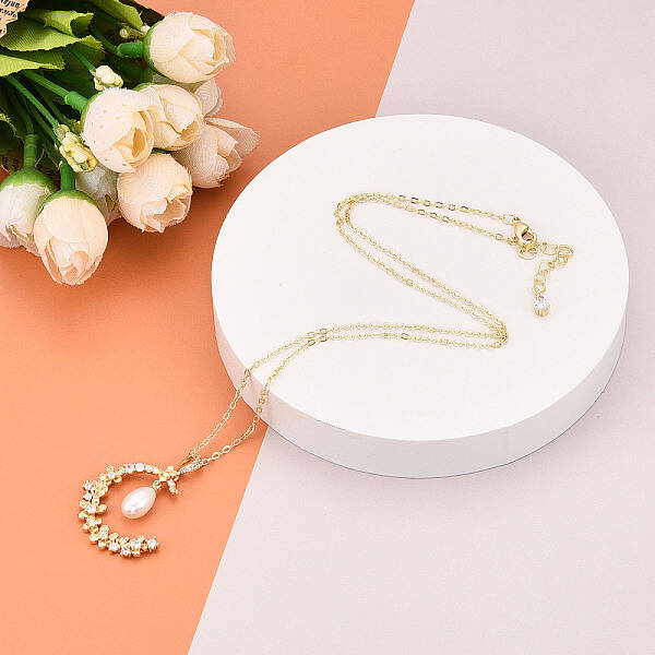 Brass Clear Cubic Zirconia Crescent Moon Pendant Necklaces