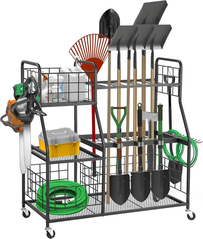Rengue Large Garden Tool Organizer 3 Tier Yard Tool Rack with Slots & Hooks, Heavy Duty Metal Shelf Yard Tool Holder, Utility...