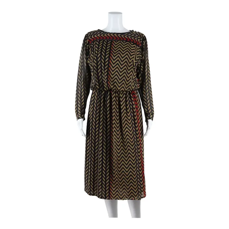 ABOUT NICK Womens A-Line Dress Brown Geometric Long Sleeve Midi L