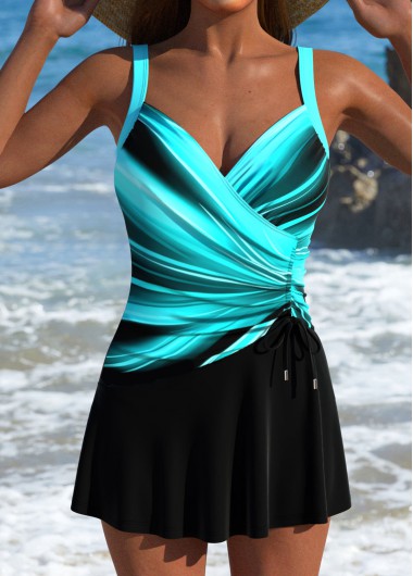 Modlily Drawstring Ombre Cyan One Piece Swimdress - XL