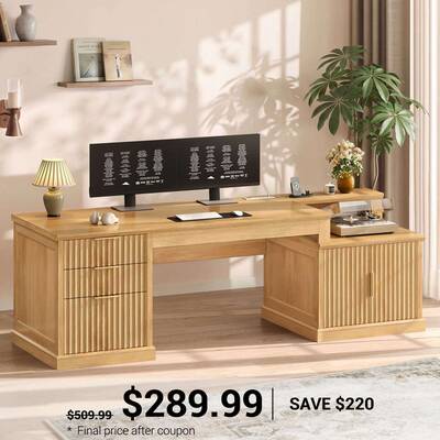 SEDETA 70.9 Inch Fluted Office Desk with Drawers Fluted Computer Desk with Power Outlet for Home Office Executive Desk with F...