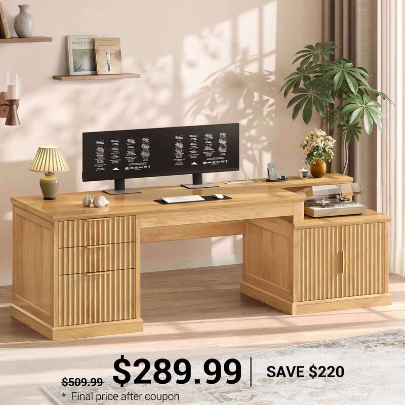SEDETA 70.9 Inch Fluted Office Desk with Drawers Fluted Computer Desk with Power Outlet for Home Office Executive Desk with F...
