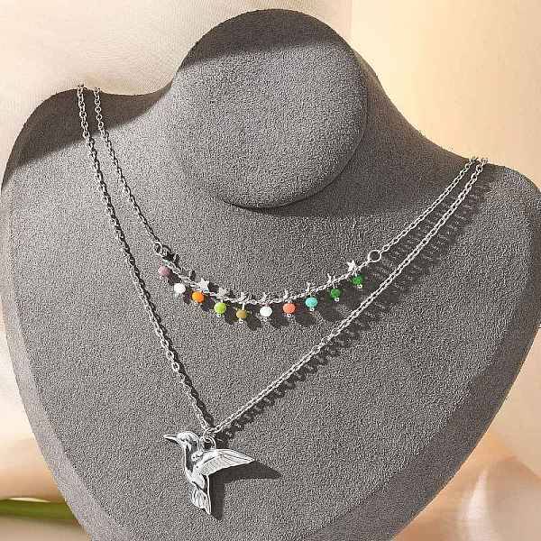 304 Stainless Steel & Colorful Glass Beads Double Layer Necklaces