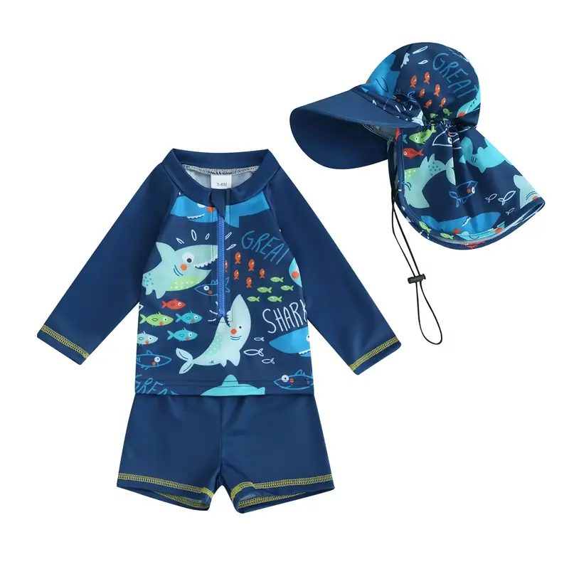 0-5Years Toddler Baby Boys Swimsuit Set Rash Guard Swimwear Shark Long Sleeve Zip Up Shirt+Shorts+Sunhat Bathing Suit Ocean W...
