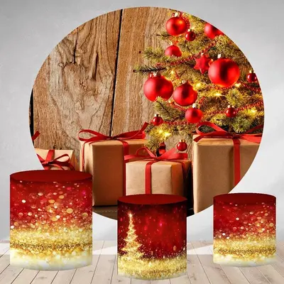 Aperturee Red Gifts Round Brown Wooden Backdrop For Christmas | Christmas Photoshoot Backgrounds | Christmas Backdrops For Ph...