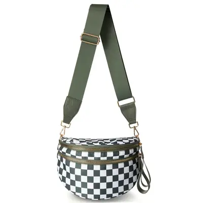 Maxoner Fanny Packs for Women Nylon Bum Bag Crossbody Checkered Bum Bags Black Spacious Design