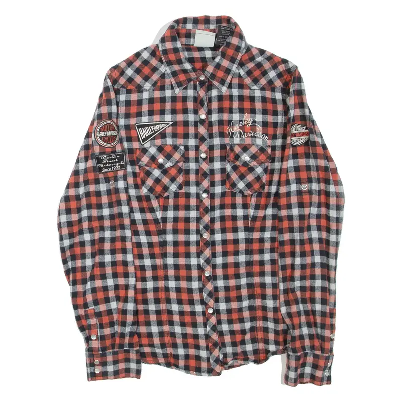 HARLEY DAVIDSON Mens Shirt Orange Check Long Sleeve S