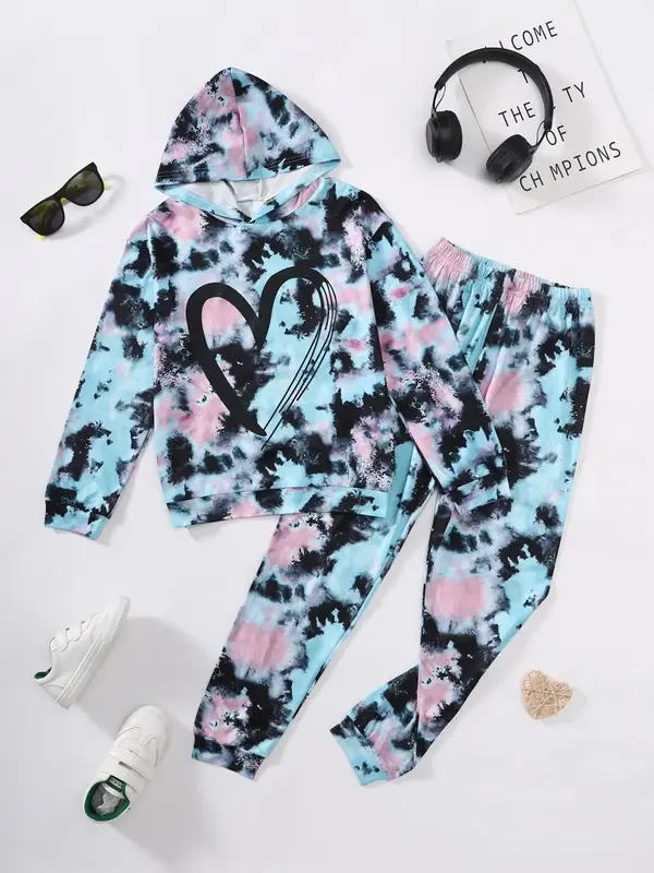 Two-piece Set Girl's Tie Dye Print Hoodie & Pants Set, Casual Long Sleeve Hooded Sweatshirt & Jogger Pants for Daily Wear, Ki...