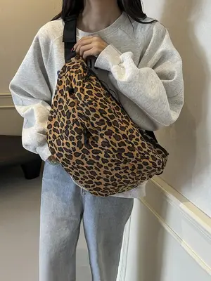 Women's Fashion Leopard Pattern Fabric Fanny Pack, Casual Versatile Zipper Chest Bag for Daily Used, Trendy All-match Sling B...