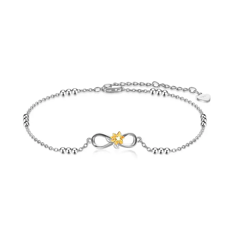 Sterling Silver Two-tone Circular Shaped Cubic Zirconia Sunflower & Infinity Symbol Single Layer Anklet