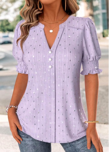 Modlily Light Purple Short Sleeve Split Neck Blouse - XXL