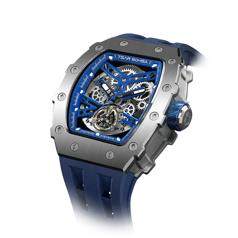 TSAR BOMBA Men's Automatic Watch | Silver Blue | Stainless Steel Case | Japanese Mechanical Skeleton Movement | Luxury Sport ...