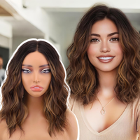 [ AISI HAIR ] 14 Inch Brown Chestnut Highlight Wigs for Women - Shoulder Length Wave Wig with Pre-Cut Lace Hairline, Middle P...