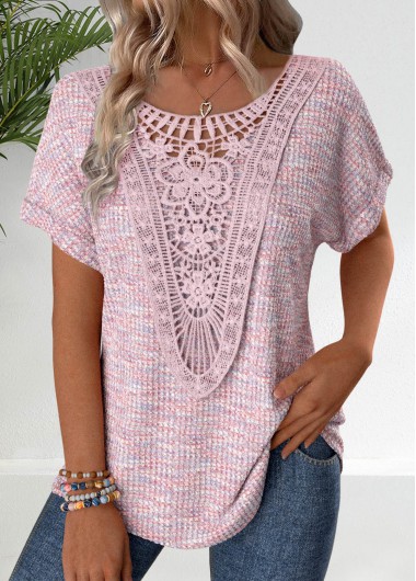 Modlily Pink Embroidery Short Sleeve V Neck T Shirt - L