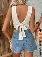 Women's Plain Tie Back Waffle Knit Tank Top, Casual Minimalist Fitted Sleeveless Top for Daily Wear, Ladies Clothes for All S...